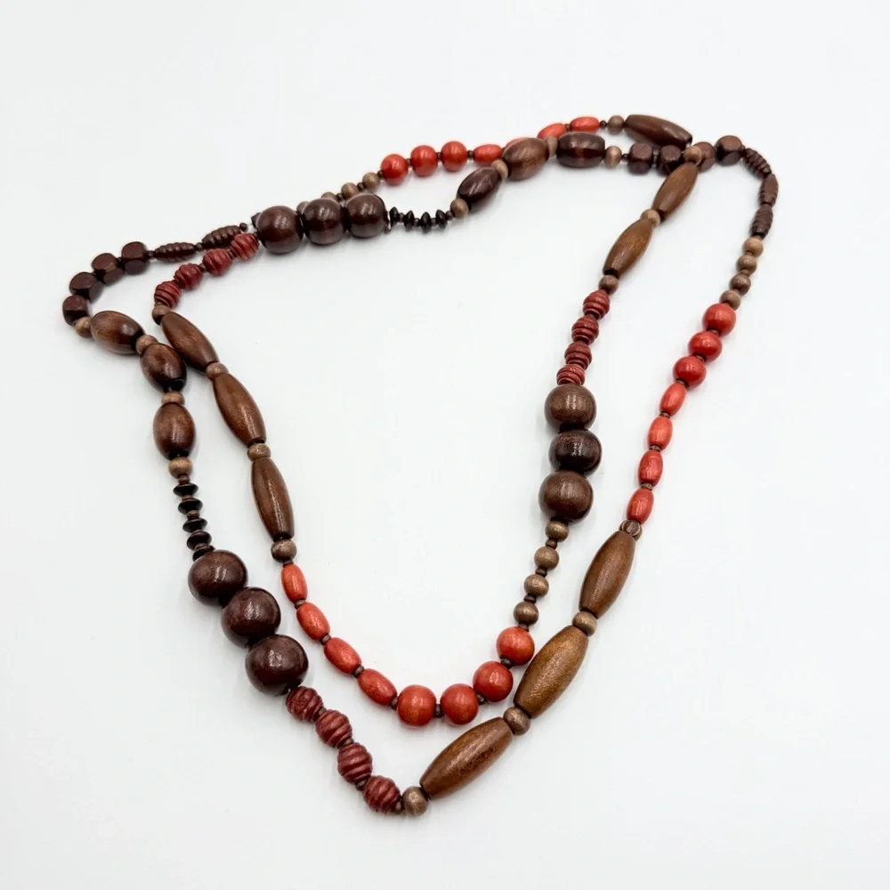 Vintage Wooden Beaded Necklace Brown Red Long Boho Statement Necklace - Picture 6 of 7